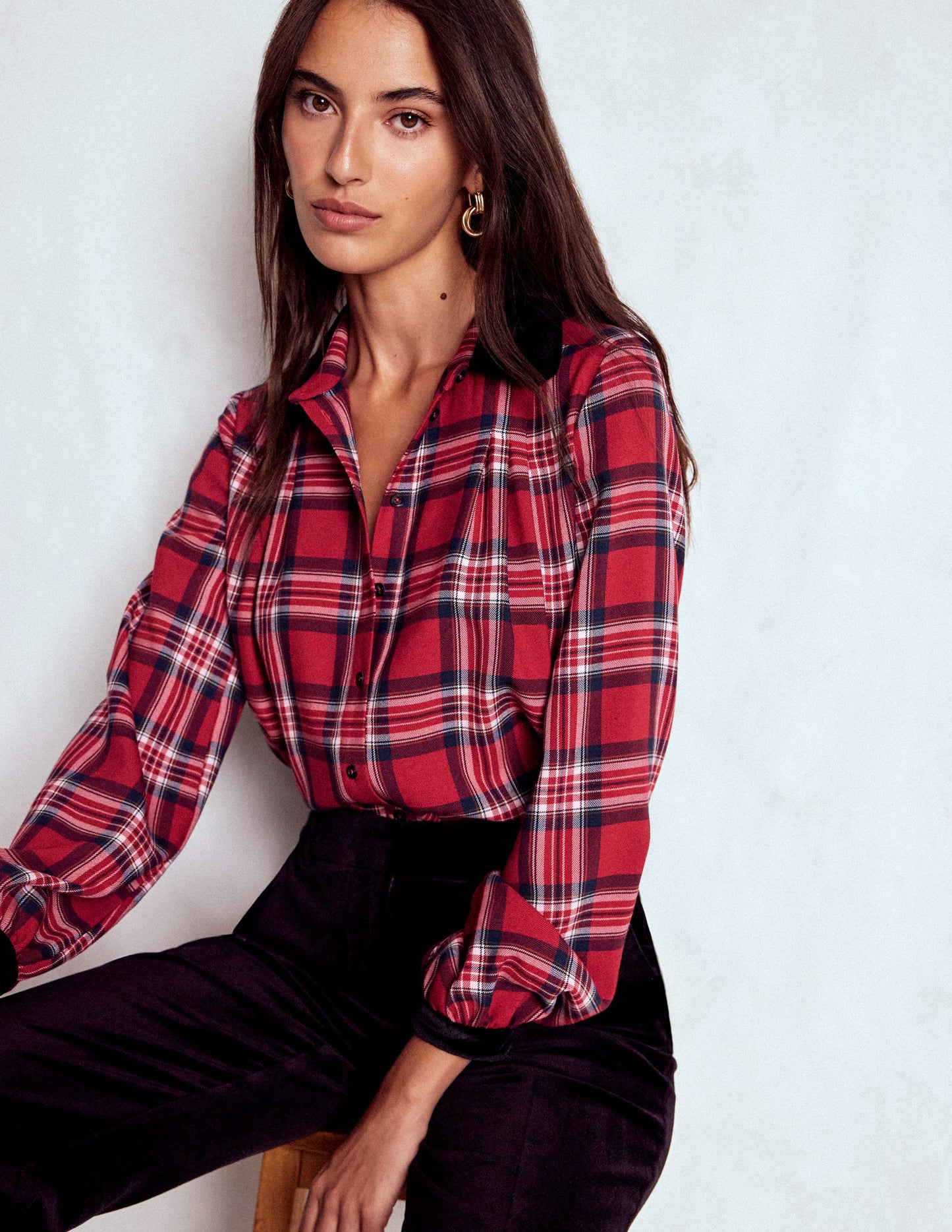 Velvet Collared Check Shirt-Red Check
