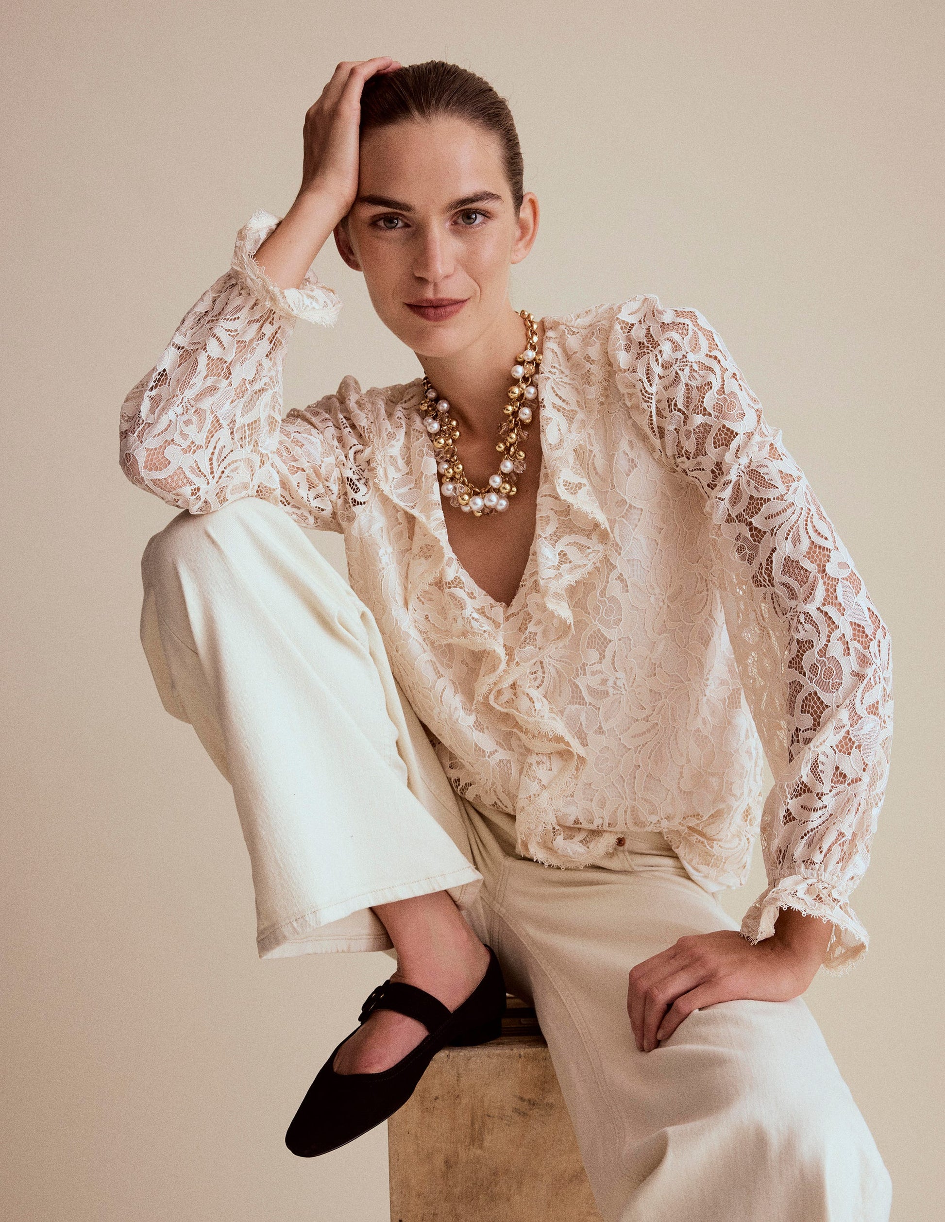Ruffle Detail Lace Blouse-Ivory-1