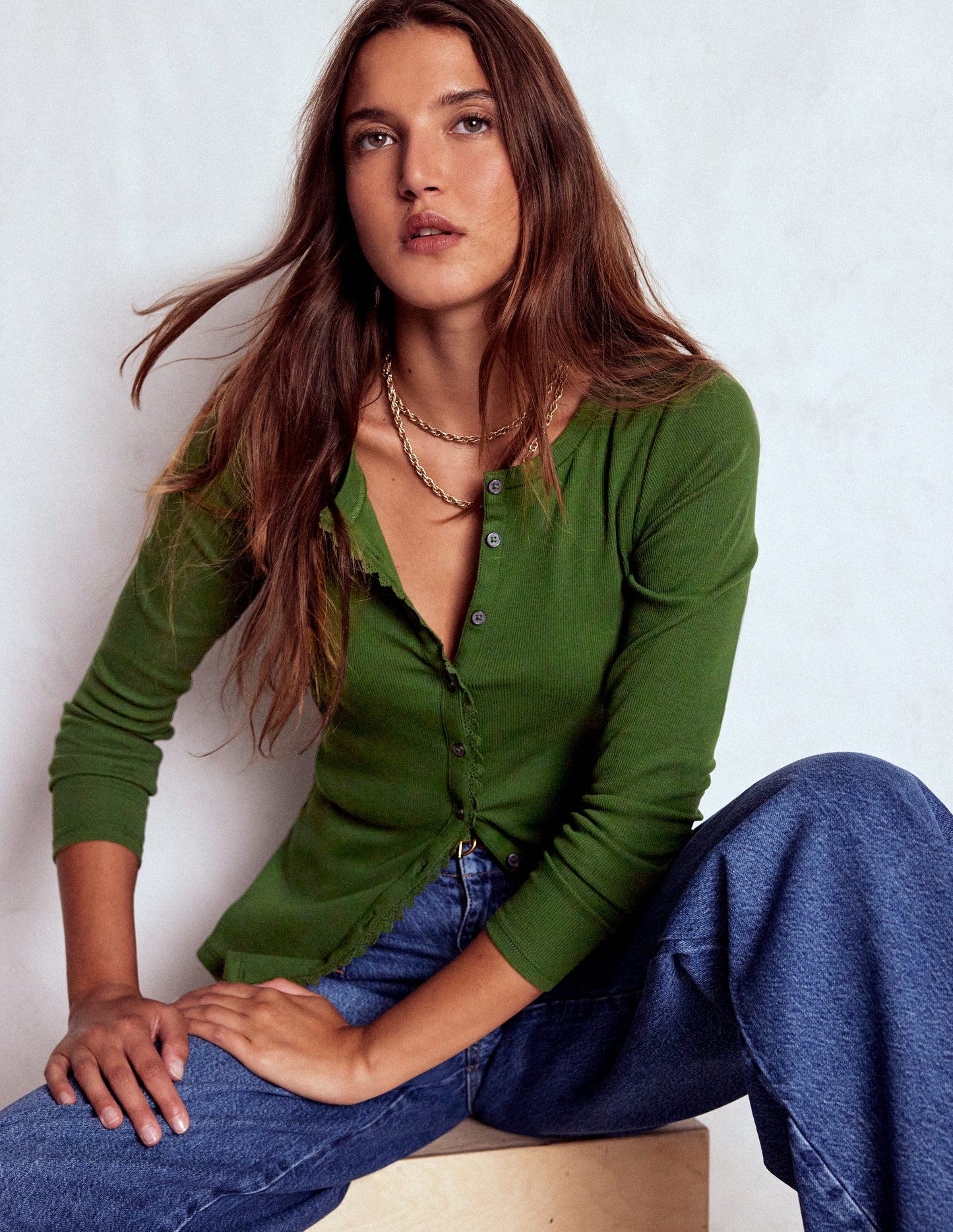 Evie Button Through Ribbed Top-Green Fir