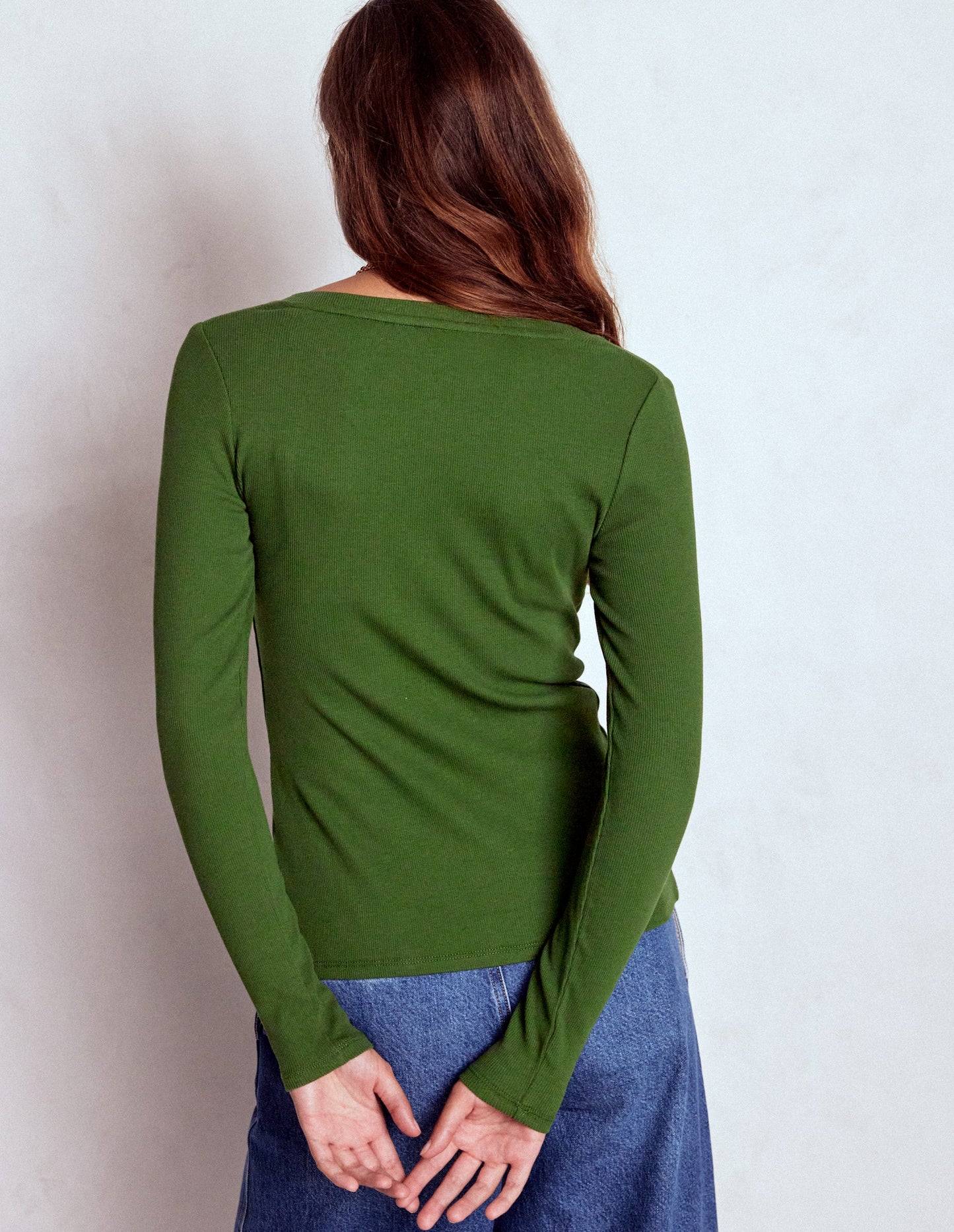 Evie Button Through Ribbed Top-Green Fir