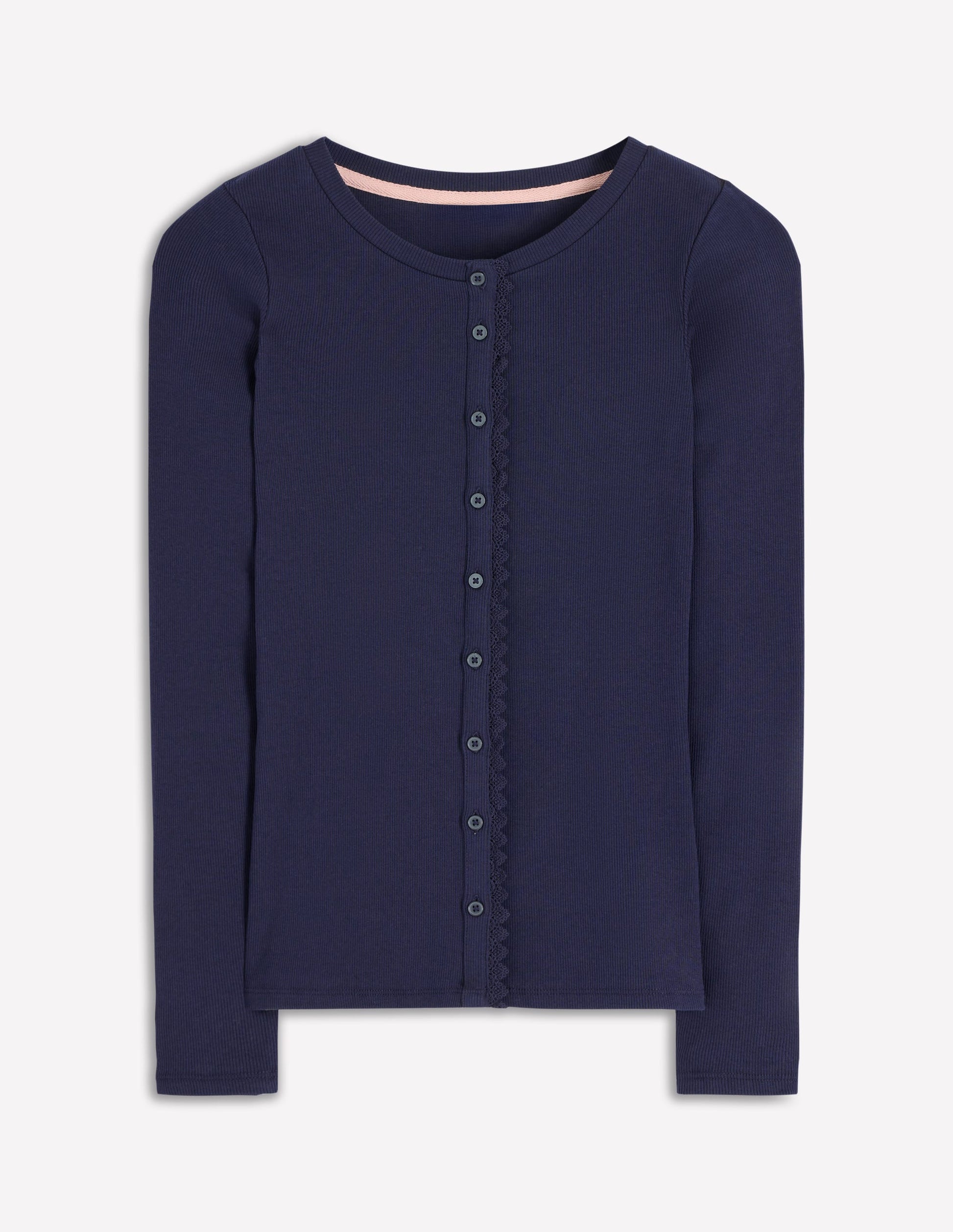 Evie Oberteil aus Rippstrick mit durchgehender Knopfleiste-Marineblau-5