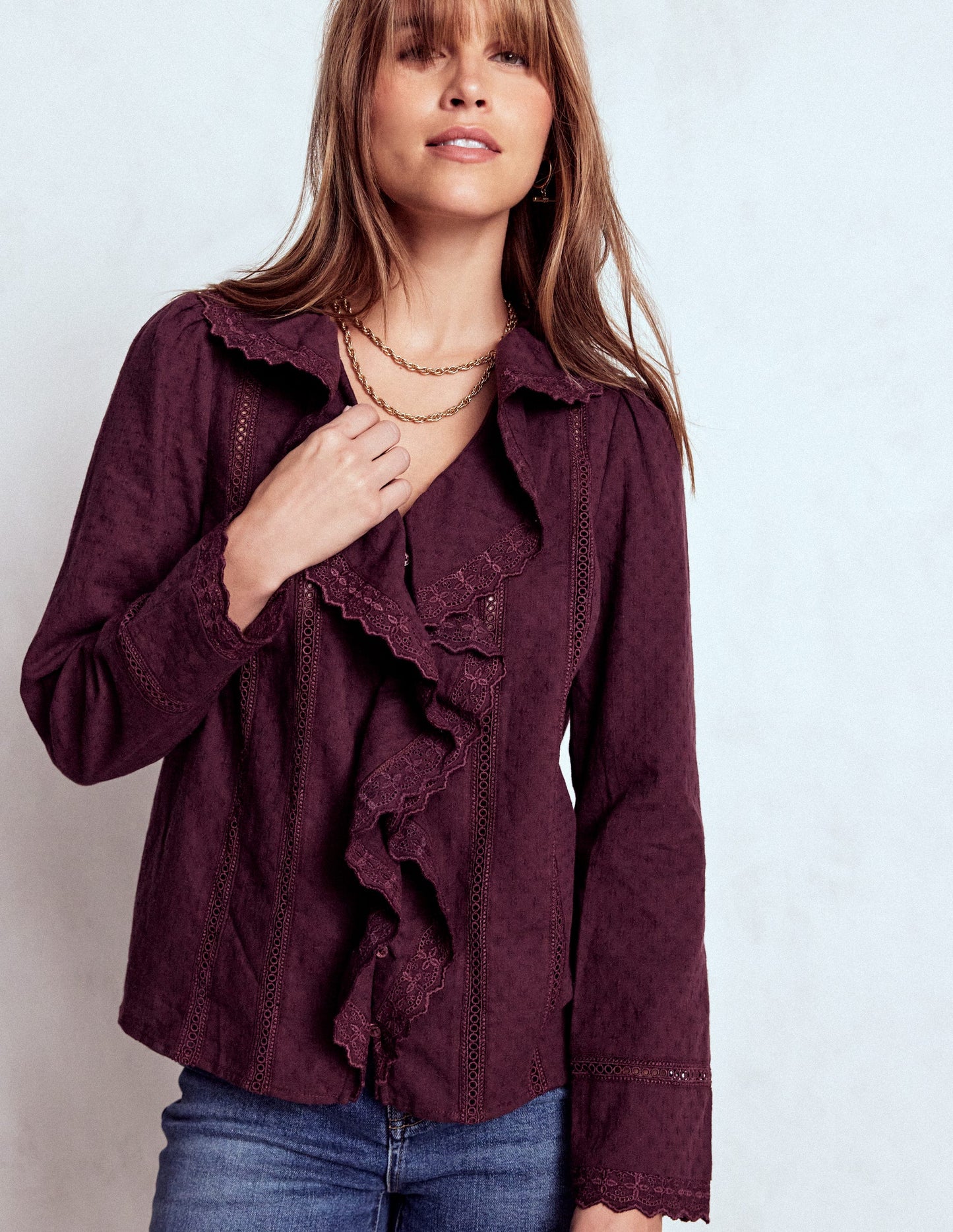 Ruffle Embroidered Blouse-Dark Cherry