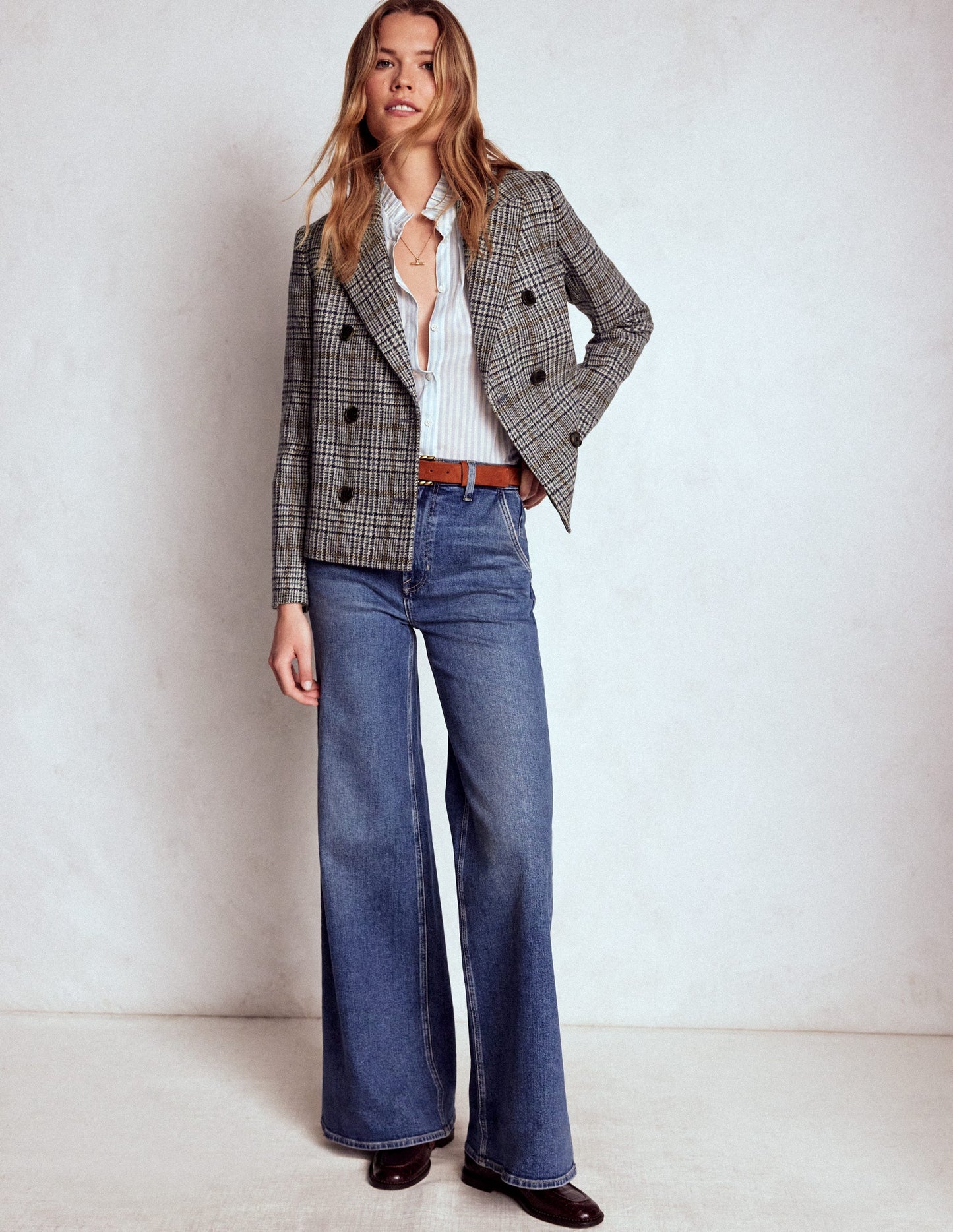 Zweireihiger Blazer mit kastenförmigem Schnitt-Blau, Grau Kariert