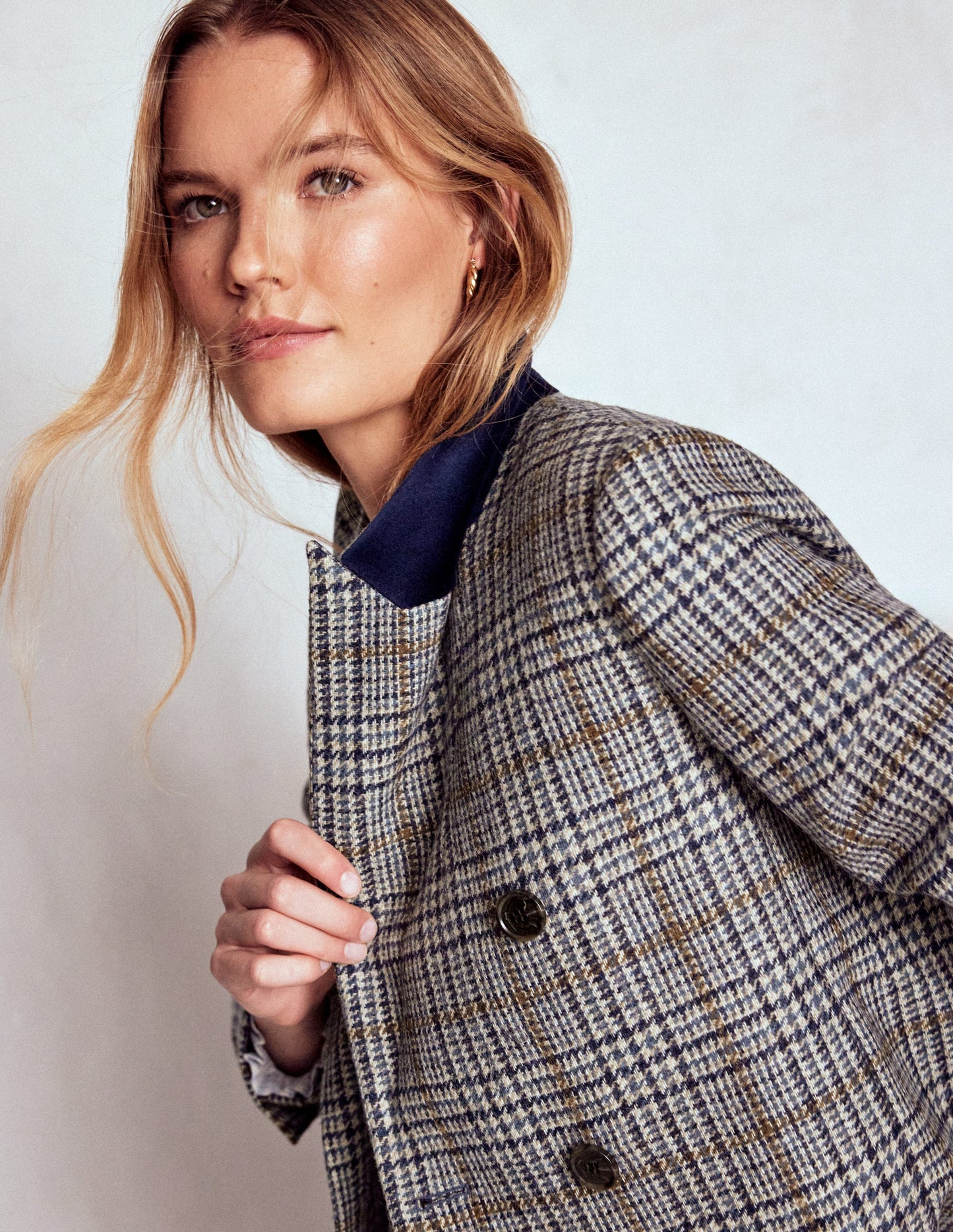 Zweireihiger Blazer mit kastenförmigem Schnitt-Blau, Grau Kariert