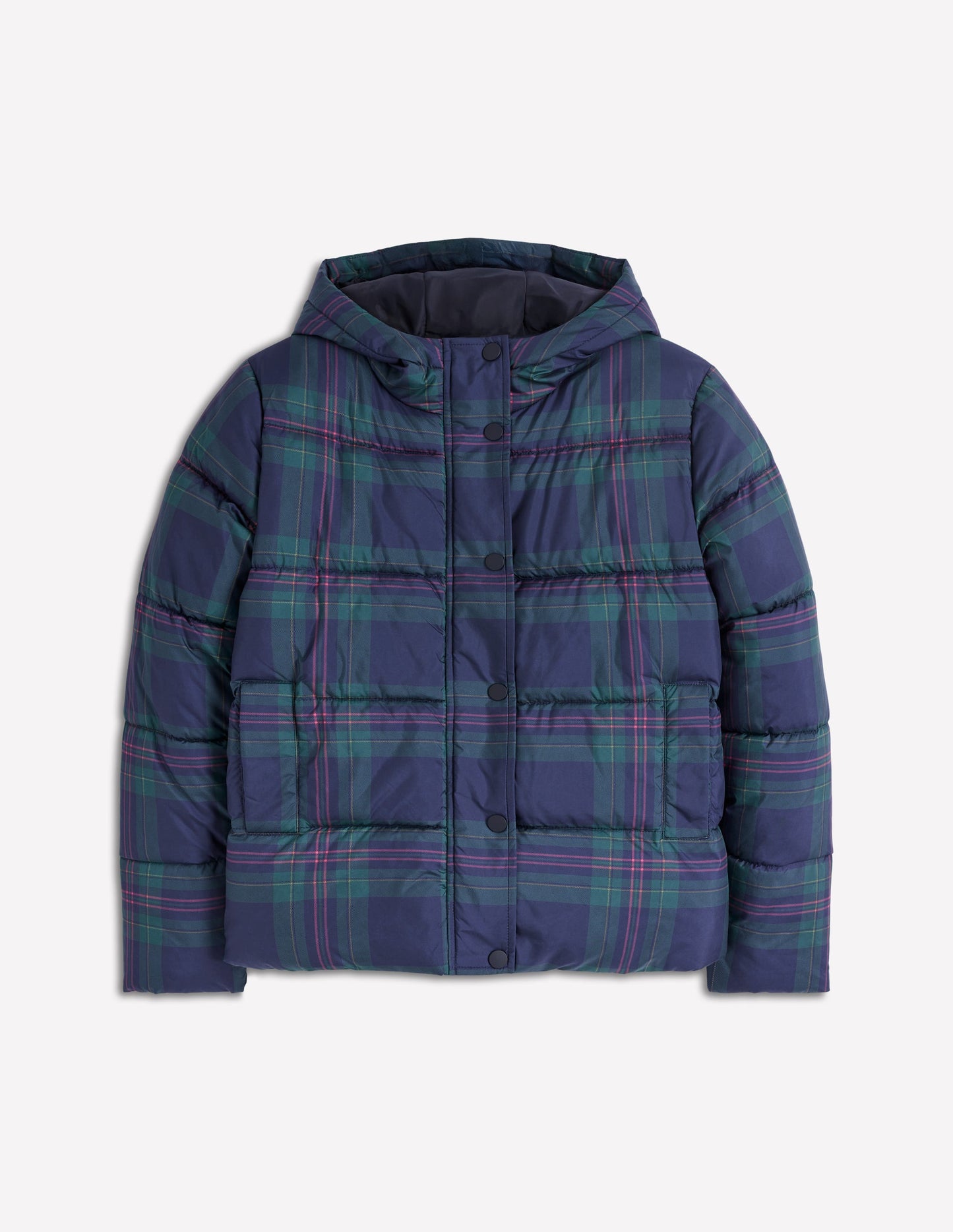 Padded Puffer Coat-Navy & Green Tonal Check