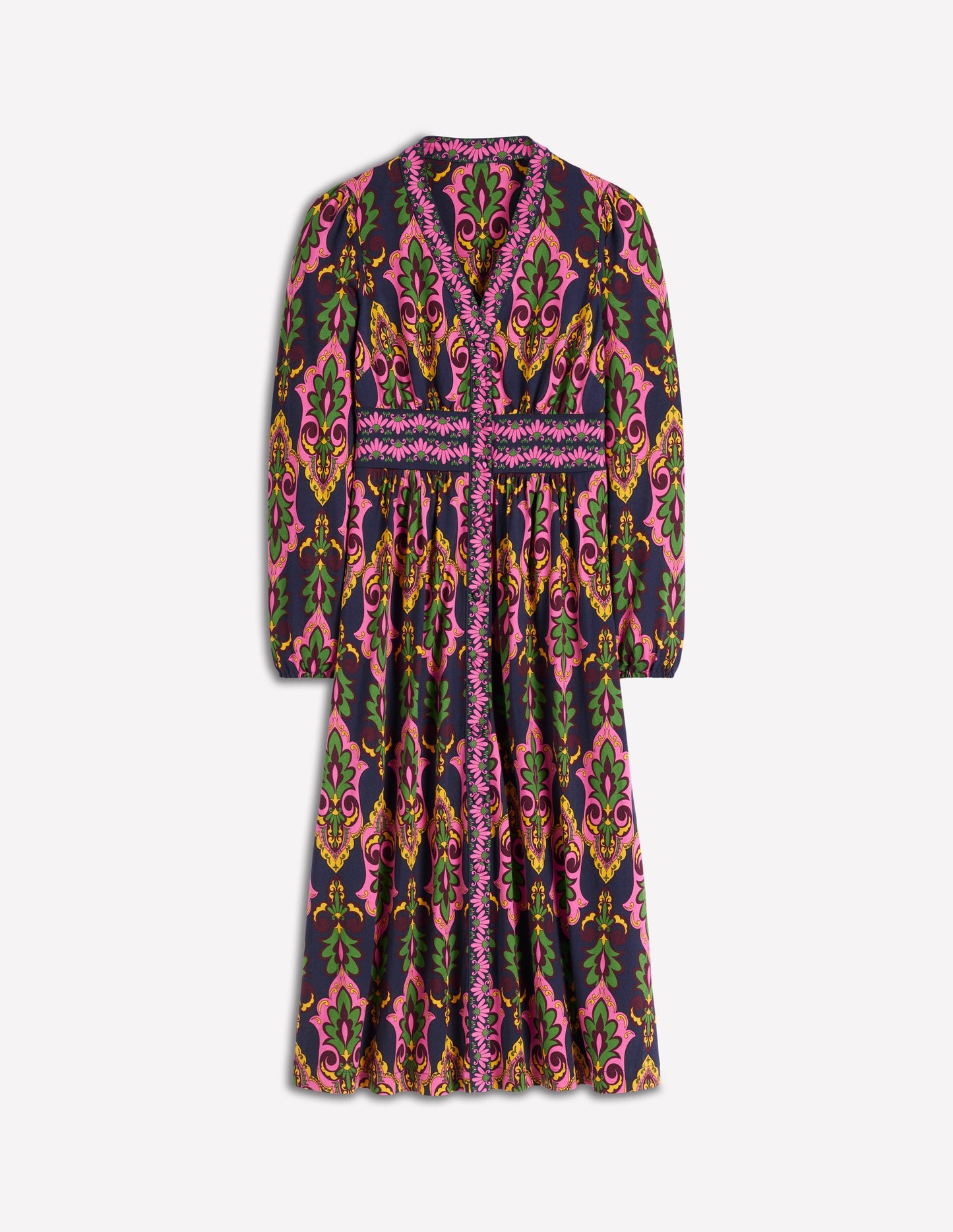 Robe Natalia style 40s à manches longues-Bleu marine foncé, motif Ornate Charm