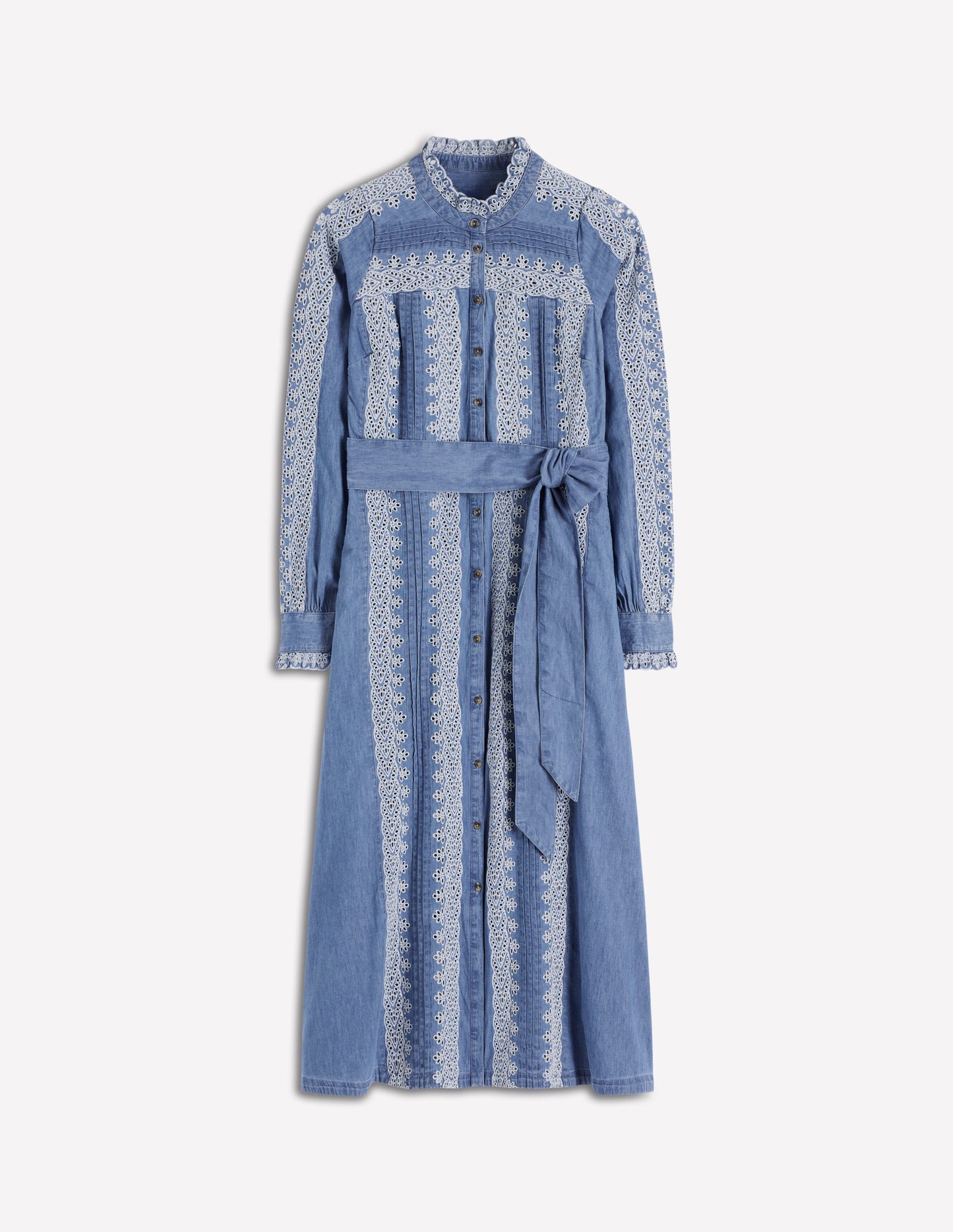 Chambray-Kleid mit gerüschter Knopfleiste-Hellblauer Faux-Uni