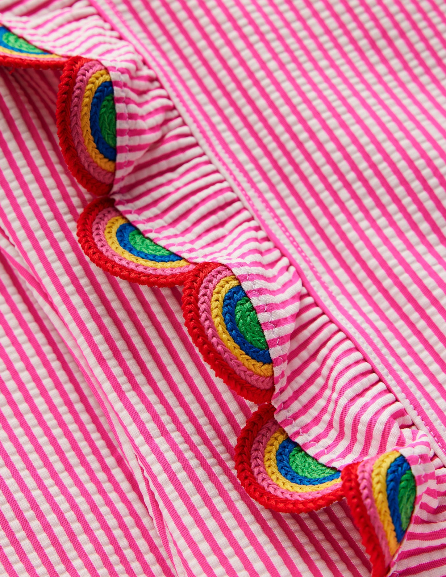 Maillot de bain volanté à manches longues-Arcs-en-ciel rayé rose fluo