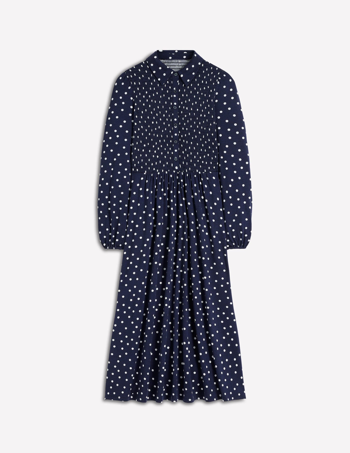 Smocked Jersey Shirt Dress-Navy Spot