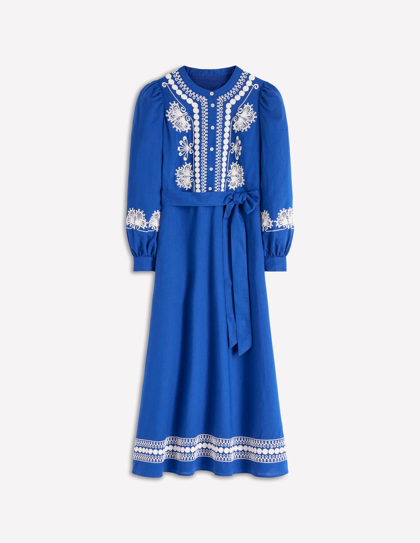 Ava Midikleid aus Leinenmischgewebe-Blaue Stickerei
