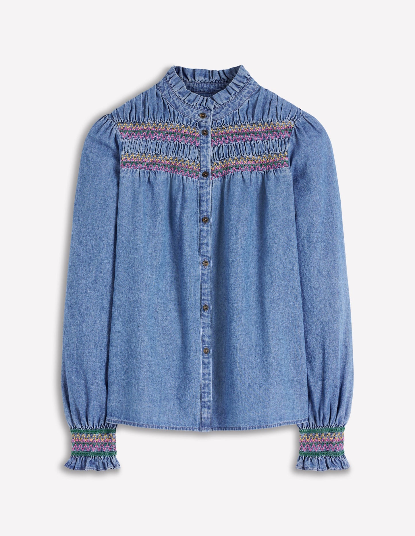 Esme Smocked Denim Frill Top-Light Vintage