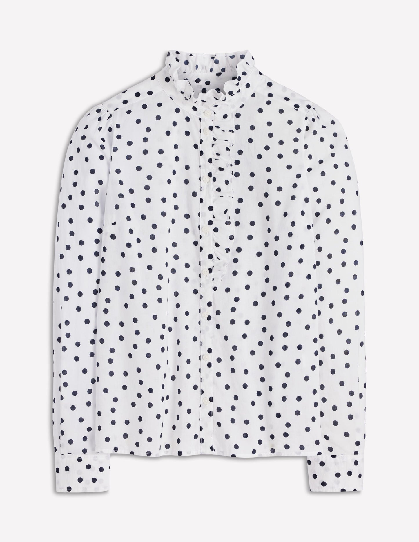 Isabel Ruffle Cotton Shirt-Ivory and Navy Spot