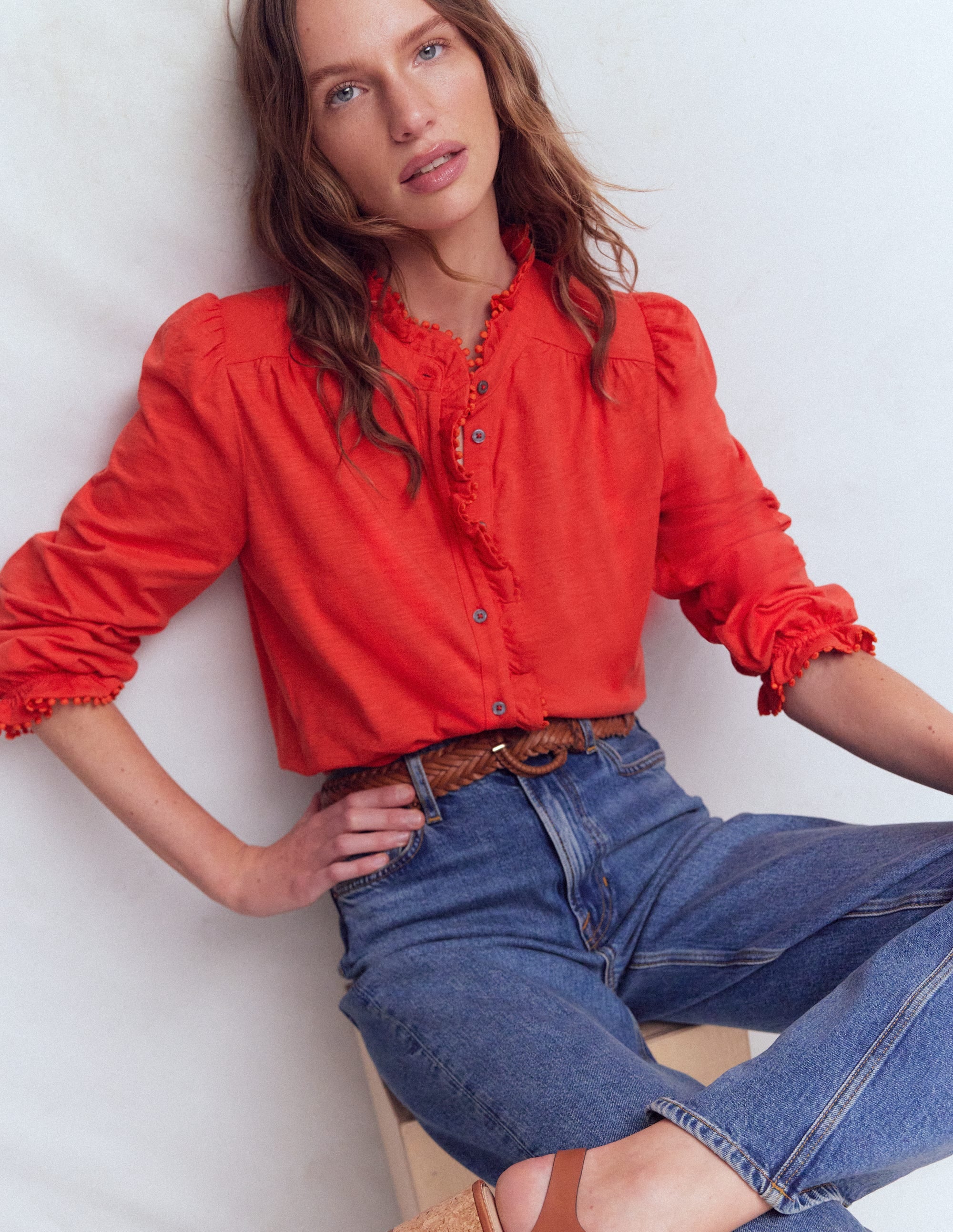 Emily Pom Trim Ruffle Shirt - Blood Orange | Boden EU