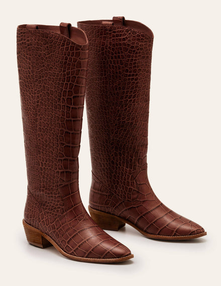 Allendale Kniehohe Stiefel-Mahagoni, Krokodiloptik