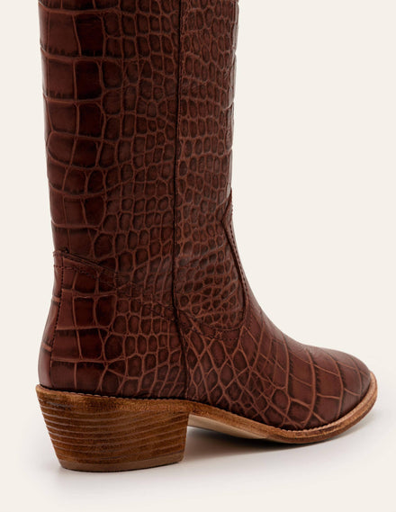Allendale Kniehohe Stiefel-Mahagoni, Krokodiloptik