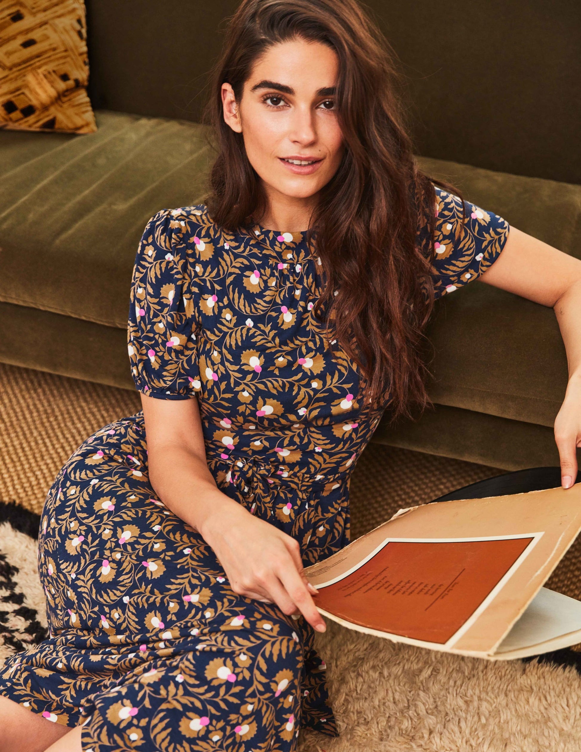 Flora Jersey Puff Sleeve Dress-Navy, Wild Bramble-7