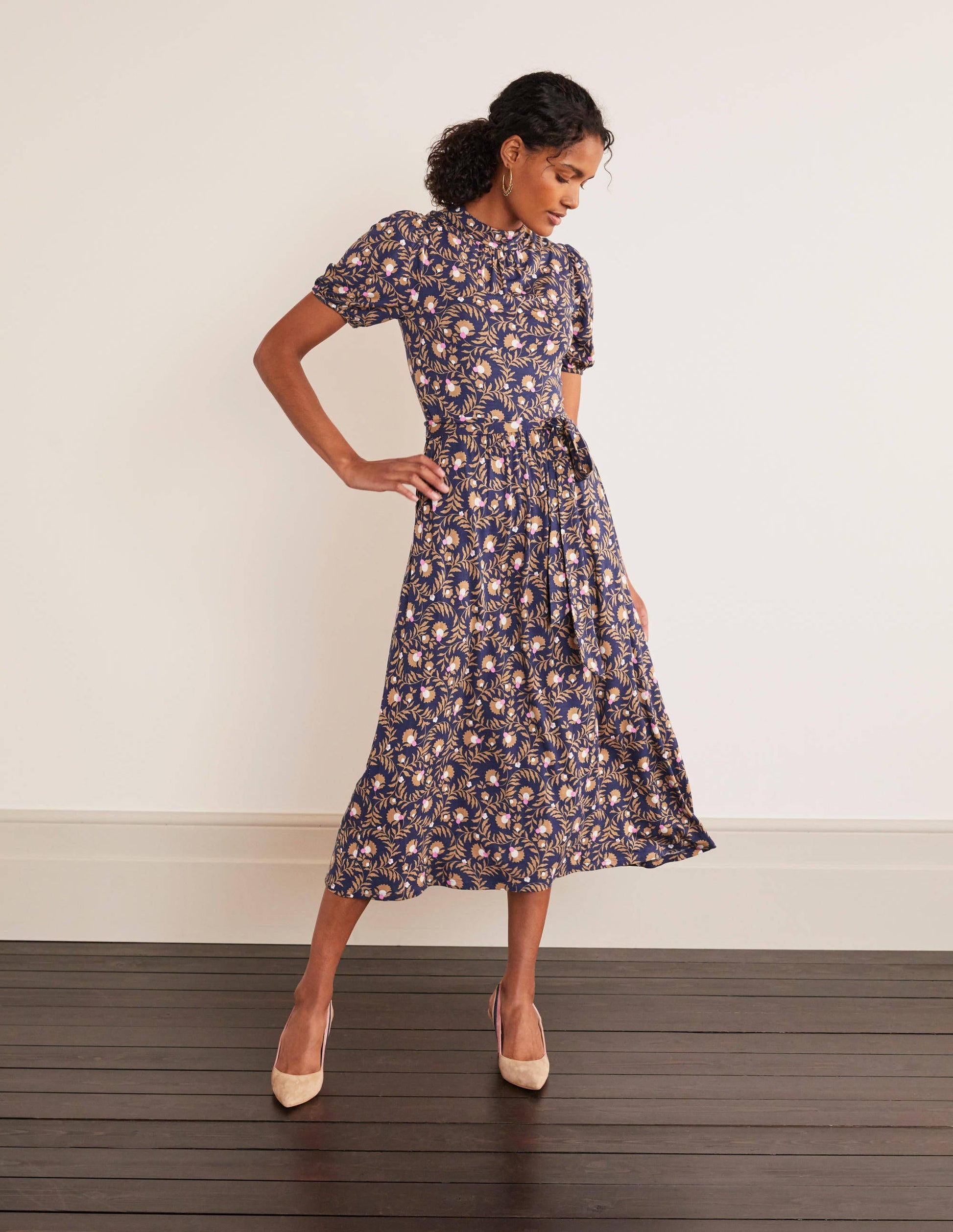 Flora Jersey Puff Sleeve Dress-Navy, Wild Bramble-1