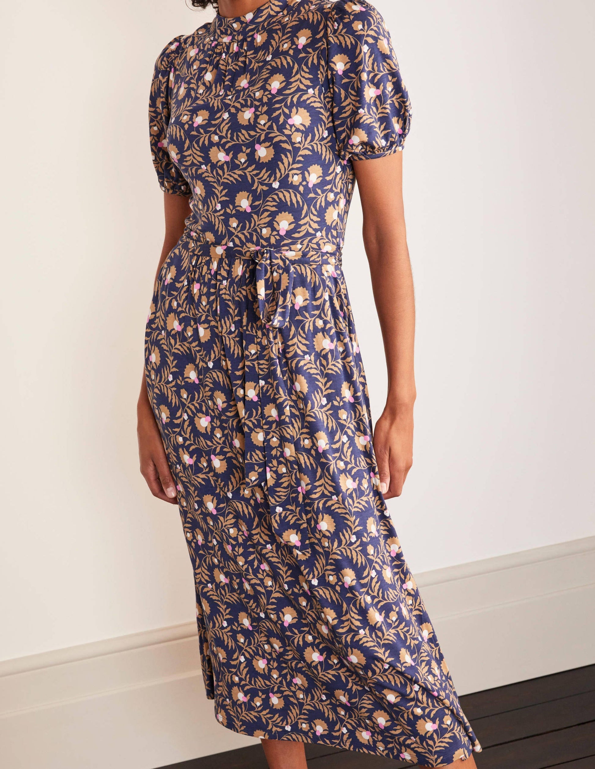 Flora Jersey Puff Sleeve Dress-Navy, Wild Bramble-4