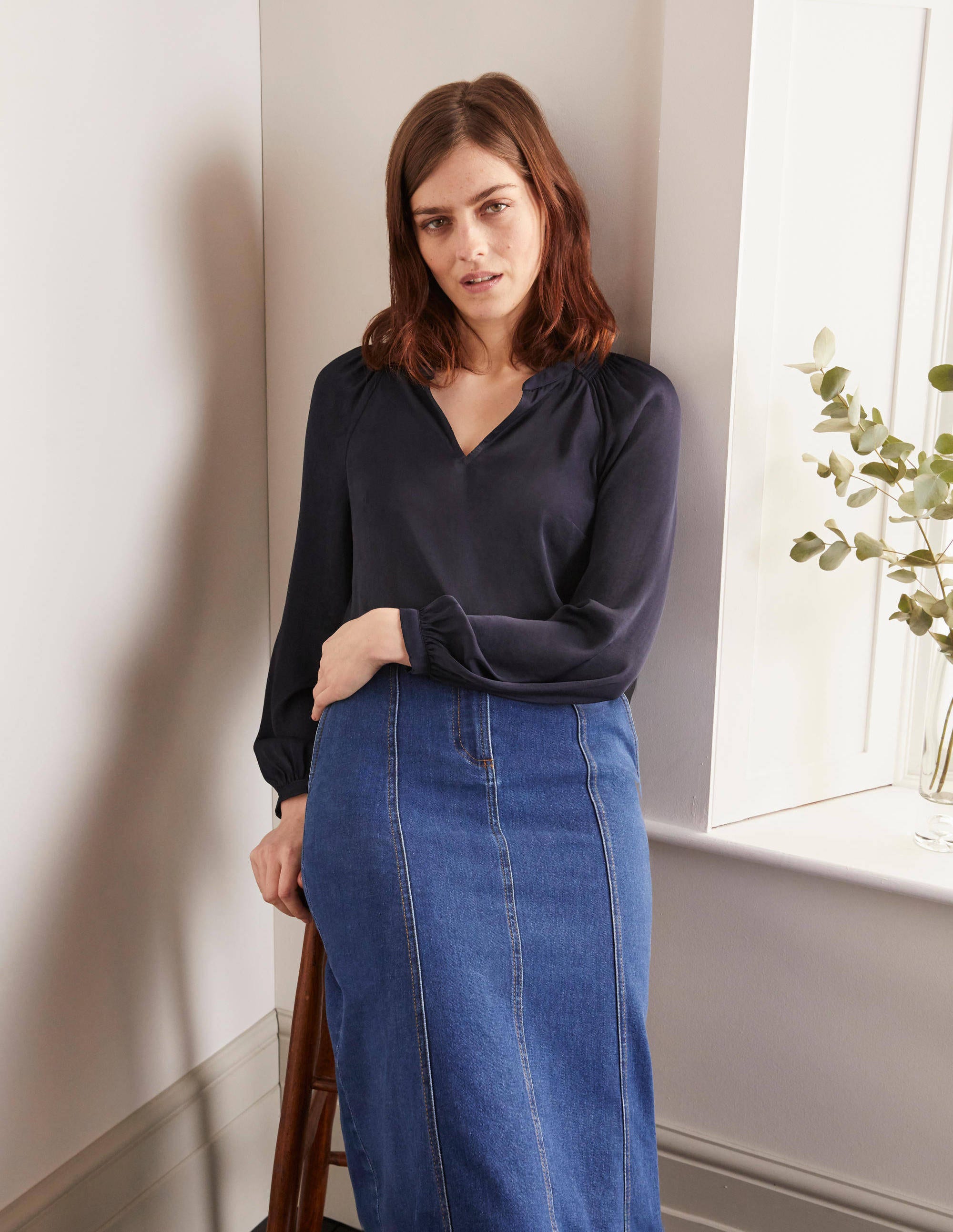 Blouse Kitty à col smocké-Bleu marine - Image 3