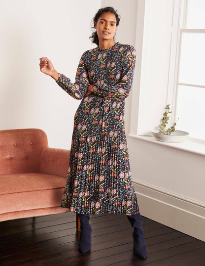 Nell Plissiertes Kleid-Navy/Bunt, Magischer Garten