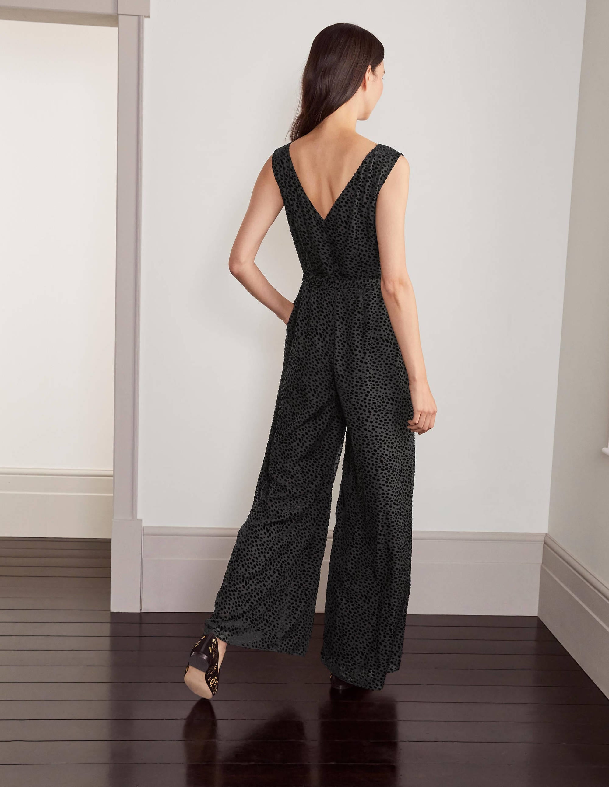 Devore Palazzo Jumpsuit-Black, Dalmatian Spot - Image 2