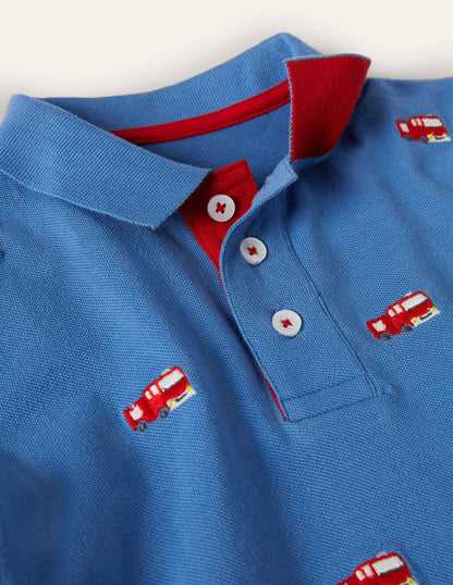 Piqué-Poloshirt-Elisabethanisches Blau, Feuerwehrautos