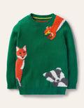 Pull col rond graphique-Animaux des bois vert forêt