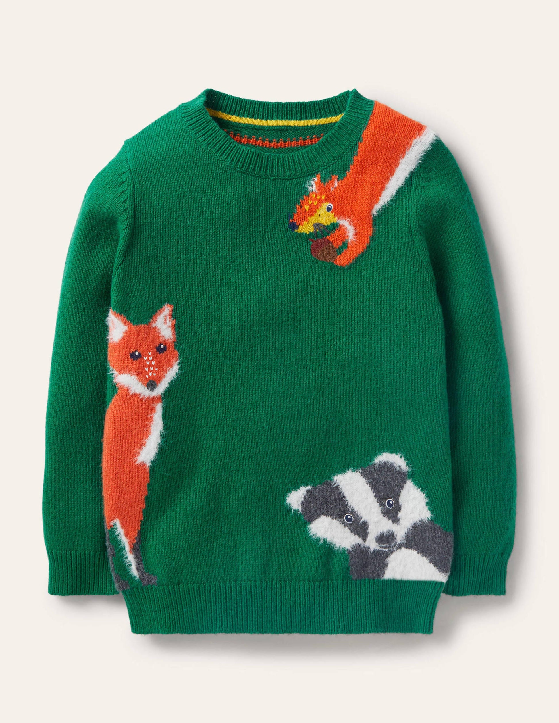 Pull col rond graphique-Animaux des bois vert forêt-1