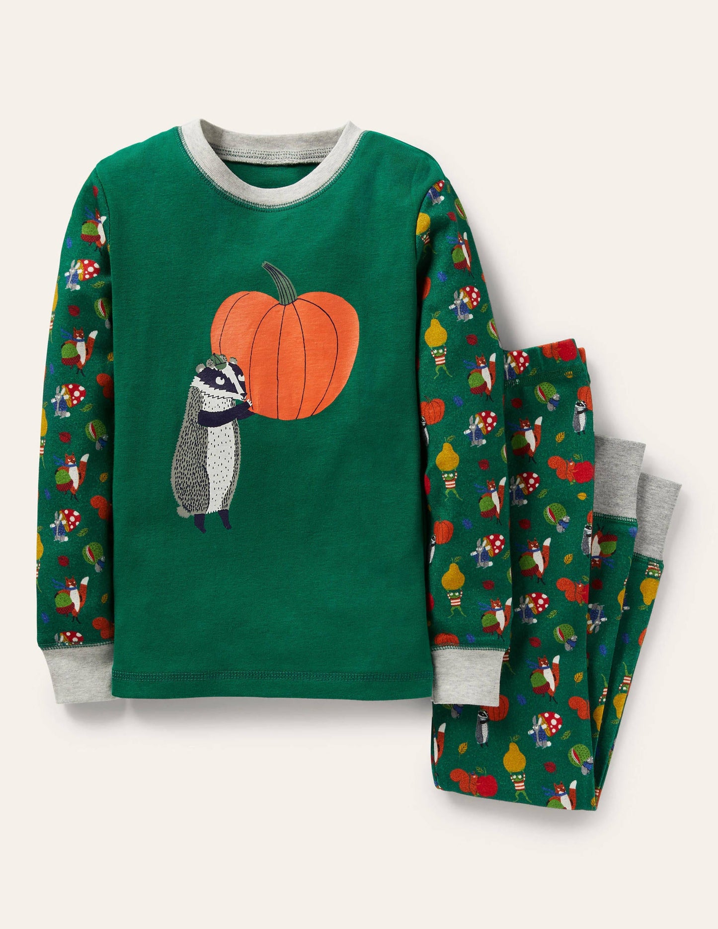 Langer Schlafanzug mit anliegender Passform-Waldgrün, Waldtiere