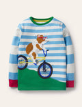 T-shirt rayé à appliqué animal-Cochon d'Inde bleu surf/ivoire