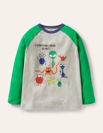 Raglan-Oberteil mit leuchtendem Weltallmotiv-Grau Meliert/Grün, Aliens-1