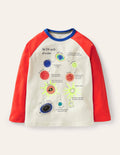 T-shirt raglan à motif spatial fluorescent-Planètes rouge fusée/ivoire