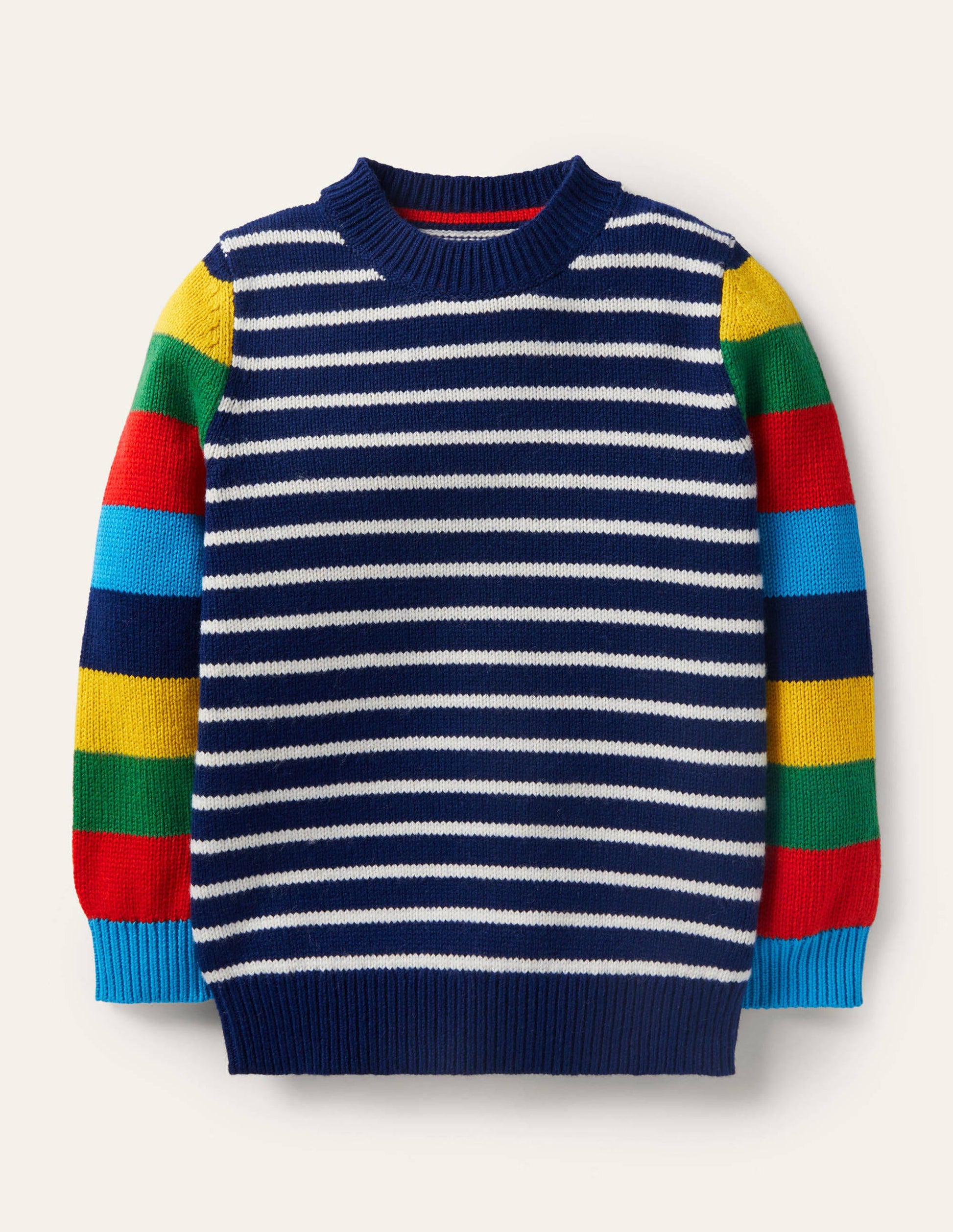 Pull col rond colourblock-Bleu marine universitaire/arc-en-ciel-1