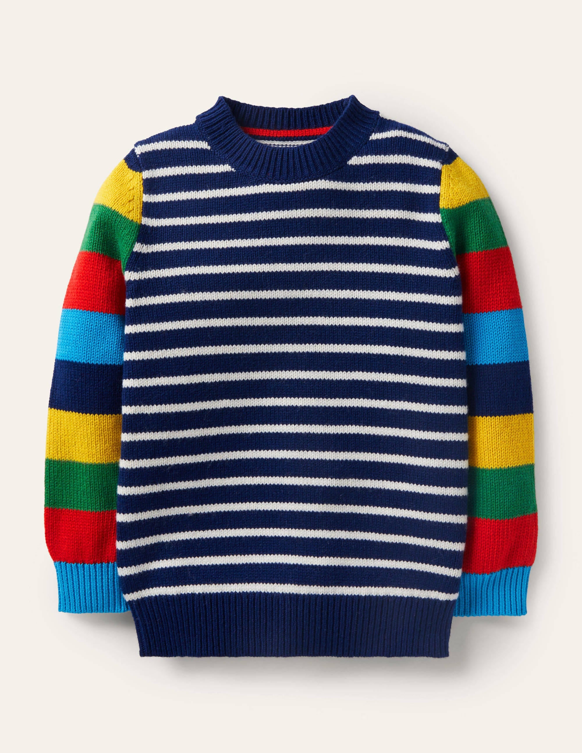 Pull col rond colourblock-Bleu marine universitaire/arc-en-ciel - Image 1