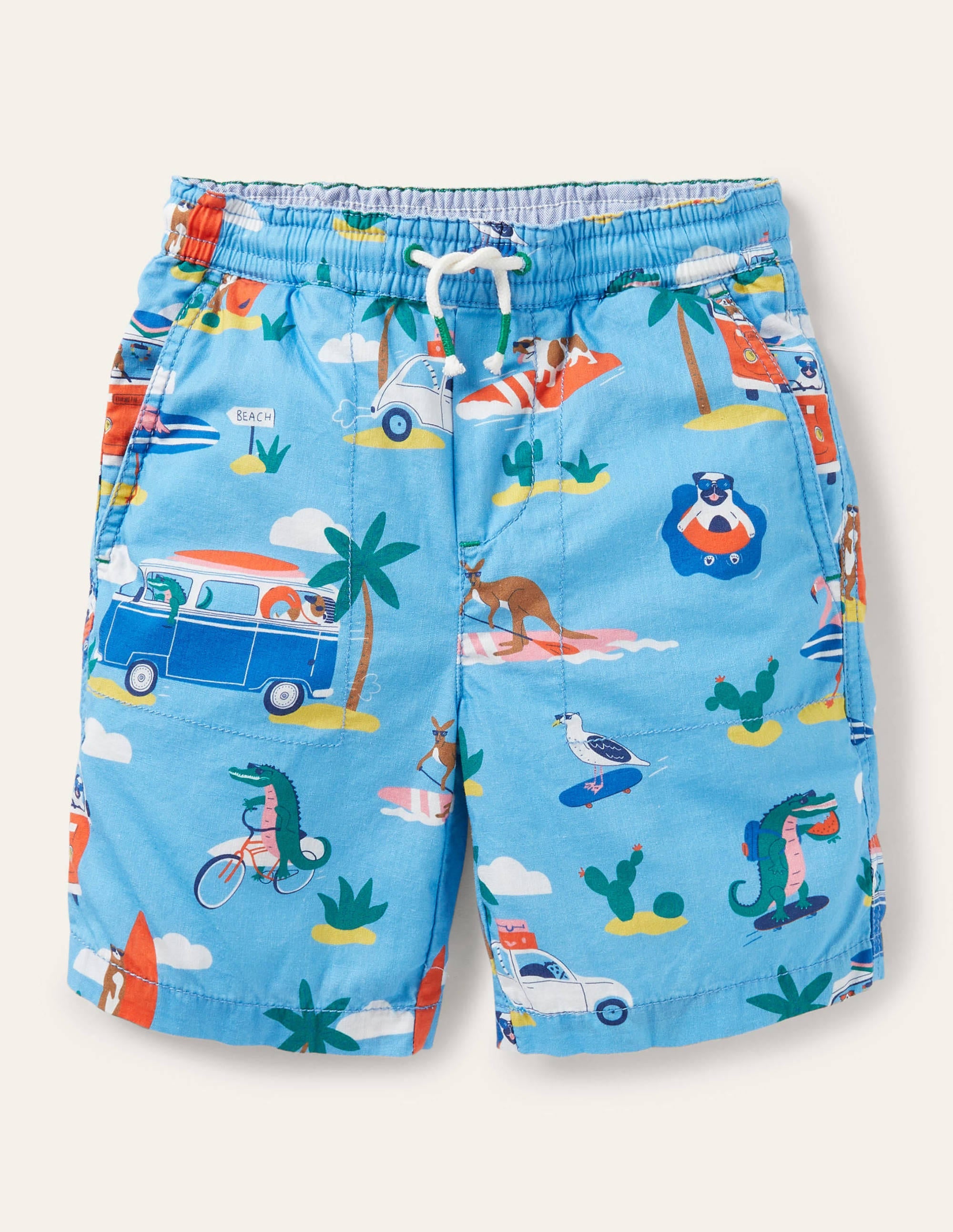 Short à enfiler avec cordon de serrage-Motif transport bleu surf - Image 1