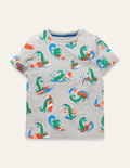 Gemustertes T-Shirt-Grau Meliert, Surfende Krokodile
