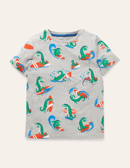 Gemustertes T-Shirt-Grau Meliert, Surfende Krokodile