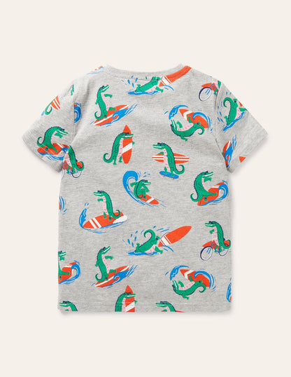 Gemustertes T-Shirt-Grau Meliert, Surfende Krokodile