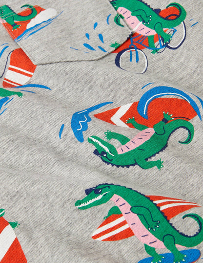 Gemustertes T-Shirt-Grau Meliert, Surfende Krokodile