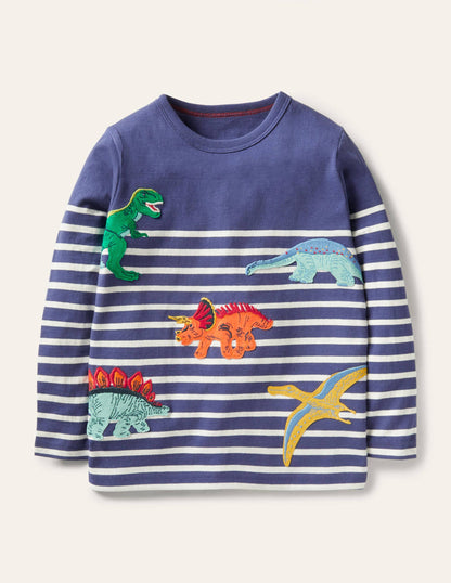 Breton-T-Shirt mit Applikation-Segelblau/Naturweiß, Dinosaurier-1