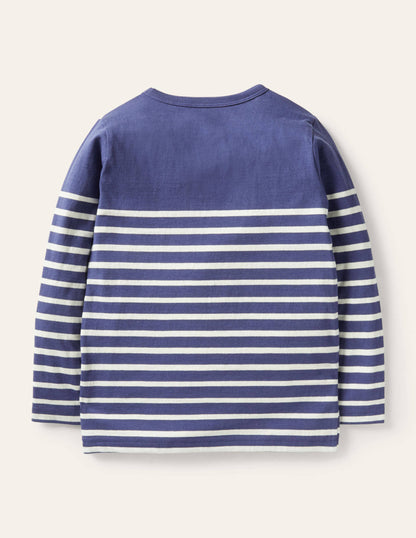 Breton-T-Shirt mit Applikation-Segelblau/Naturweiß, Dinosaurier-2