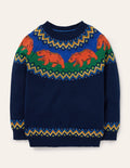 Pull col rond à motif jacquard-Ours bleu marine universitaire