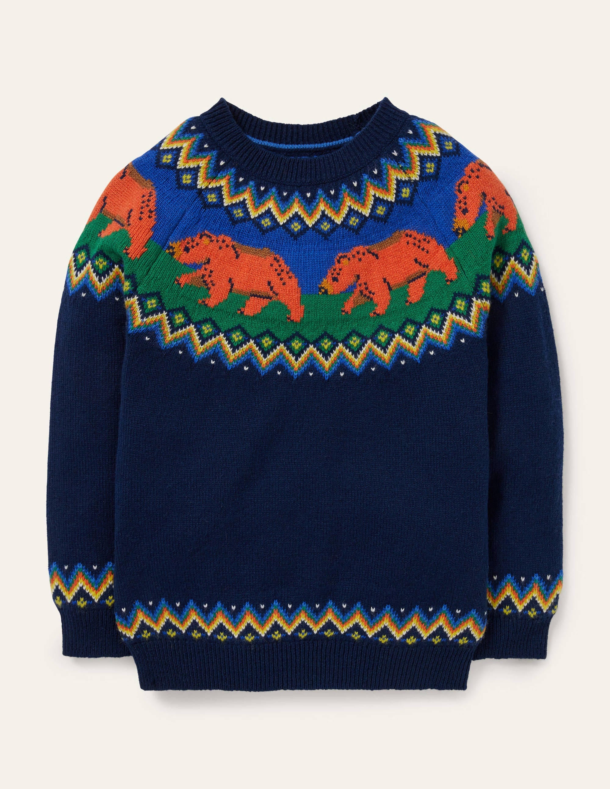 Pull col rond à motif jacquard-Ours bleu marine universitaire - Image 1