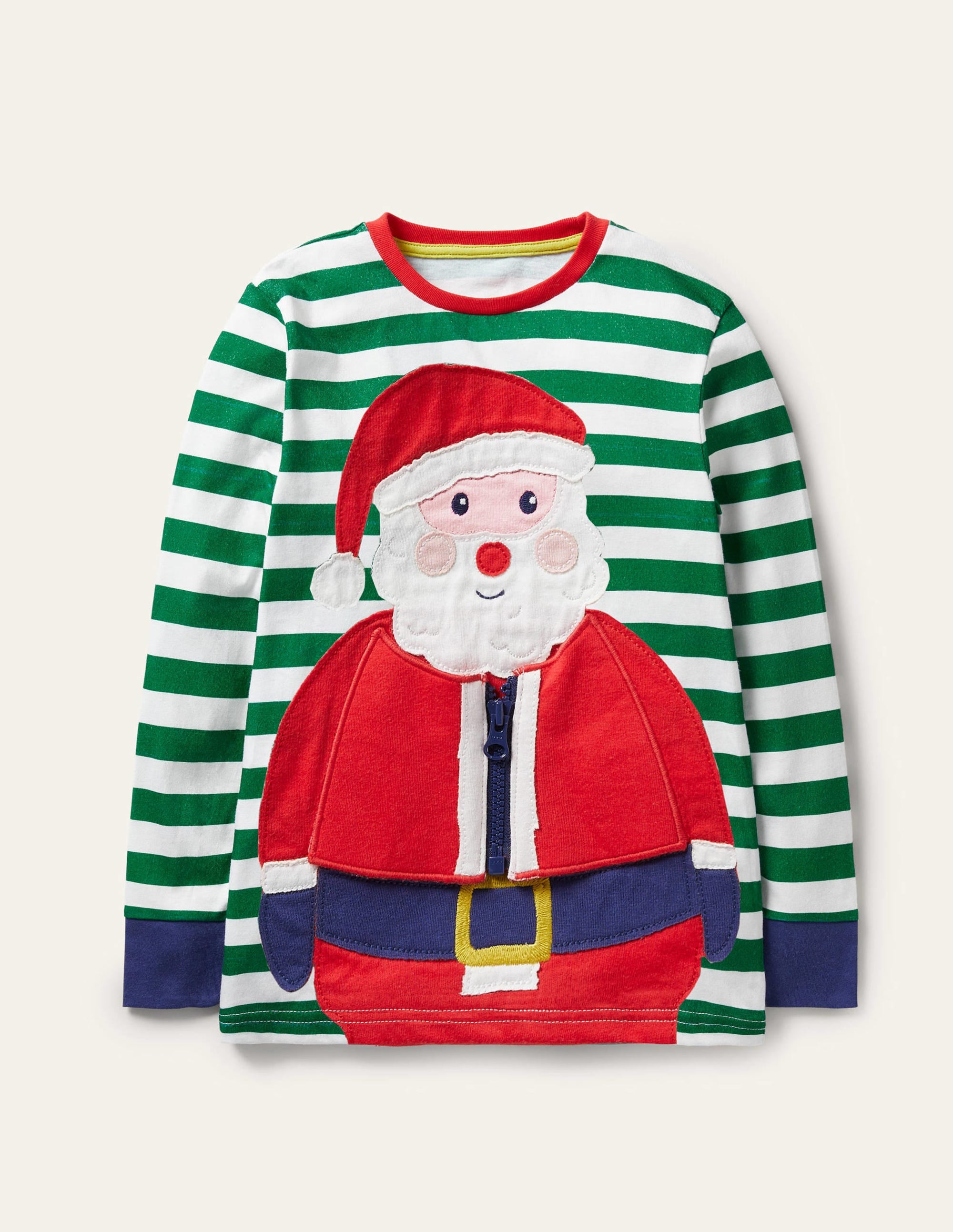 Fun Christmas T-shirt-Ivory/Forest Green Santa Zip - Image 1