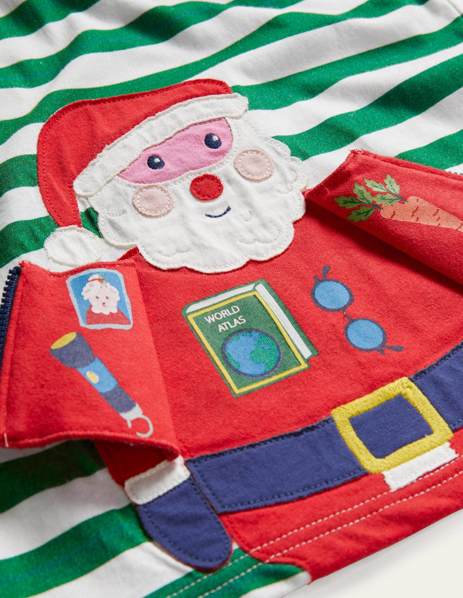 Fun Christmas T-shirt-Ivory/Forest Green Santa Zip-3