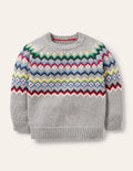 Fair-Isle-Grobstrickpullover mit Rundhalsausschnitt-Grau Meliert