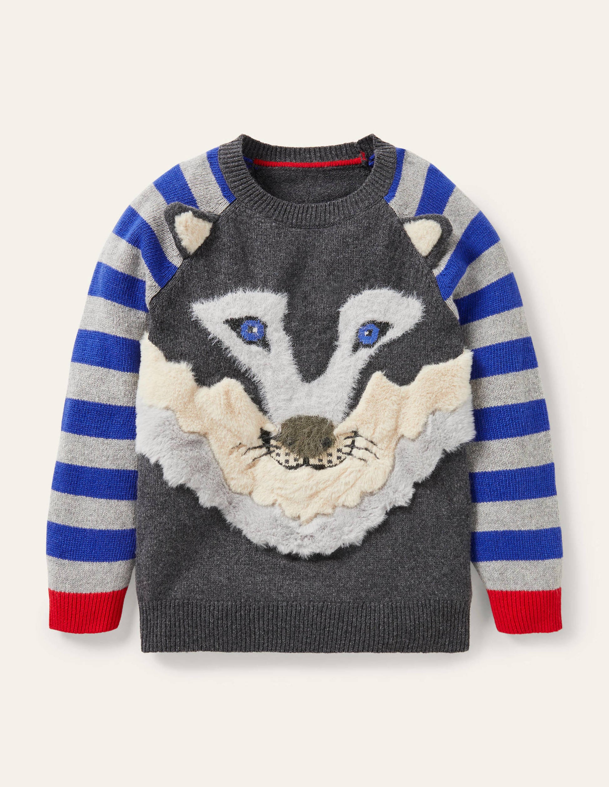 Pull d'hiver col rond à motif animal-Loup anthracite chiné-1