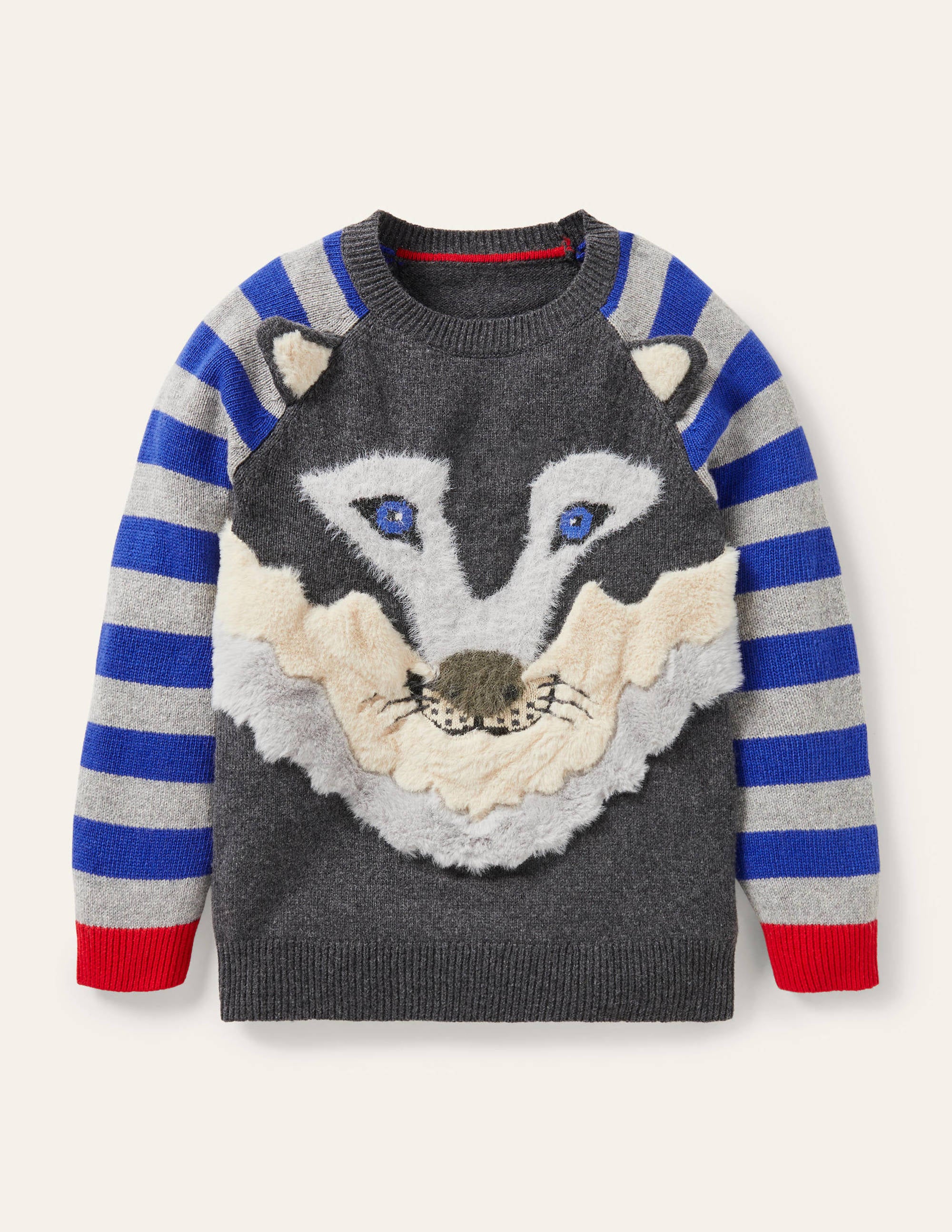 Pull d'hiver col rond à motif animal-Loup anthracite chiné - Image 1
