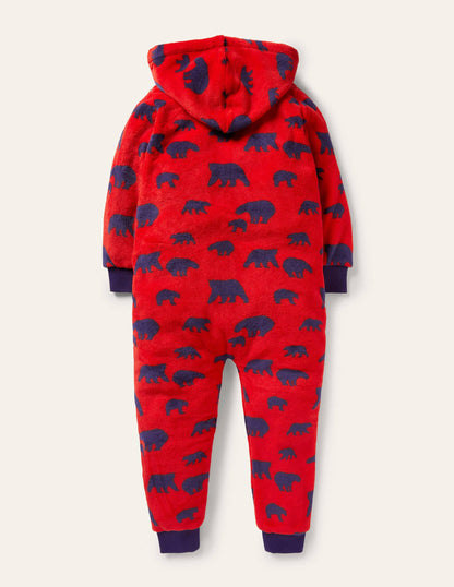 Gemütlicher Fleece-Einteiler-Rockabilly-Rot, Bären