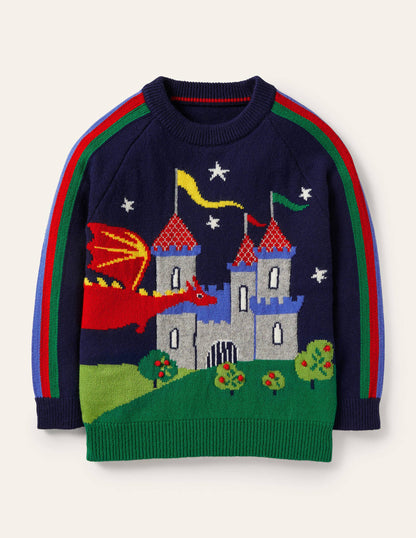 Rundhalspullover mit Drachenmotiv-Schuluniform-Navy, Regenbogen/Schloss